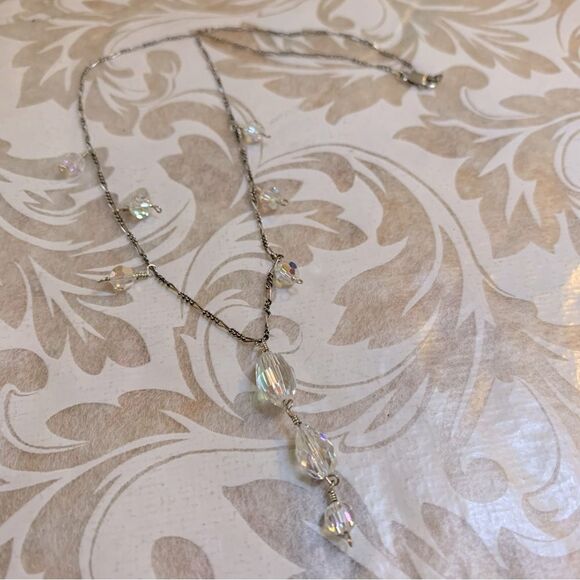 Vintage Dainty Necklace Aurora Borealis Crystals on Sterling Silver Chain 16” - Picture 2 of 5